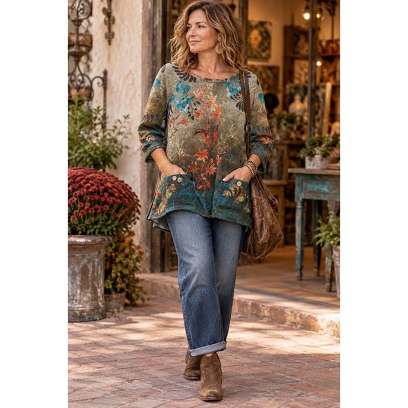 Ali Miles Tops - Ali Miles Brushed Soft Knit Tunic Top Pockets 3/4 Sleeve Small Autumn Fall Art